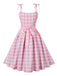 Rosa 1950er Spaghettiträger Plaid Bogen Swing Kleid