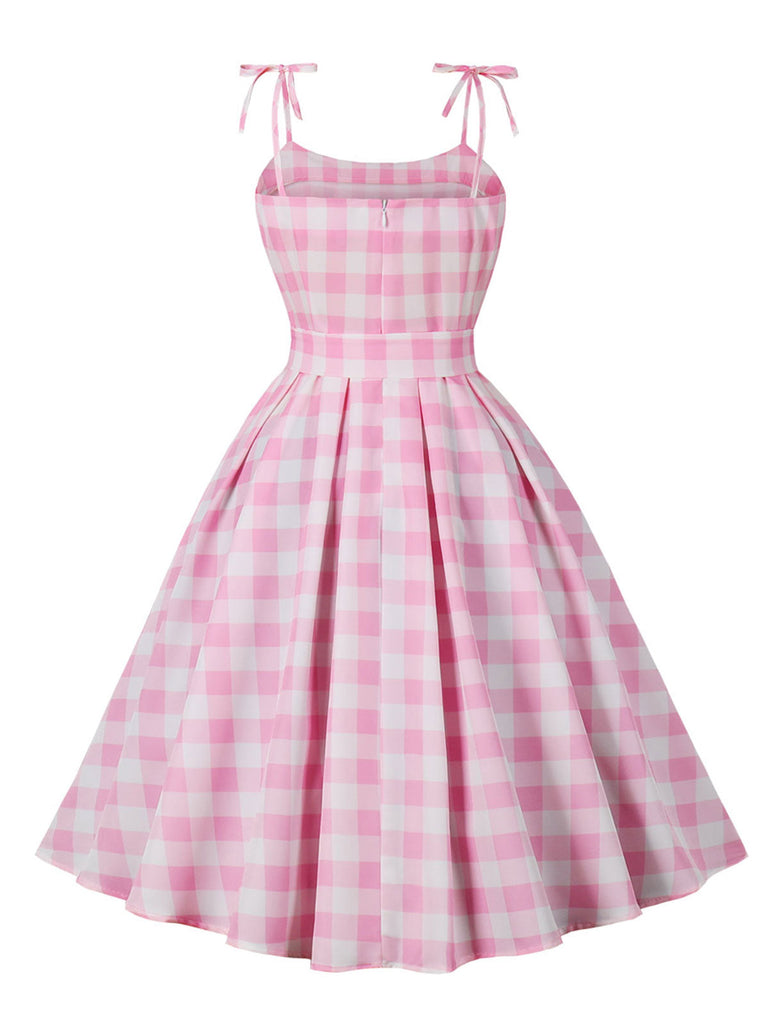 Rosa 1950er Spaghettiträger Plaid Bogen Swing Kleid