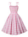 Rosa 1950er Spaghettiträger Plaid Bogen Swing Kleid