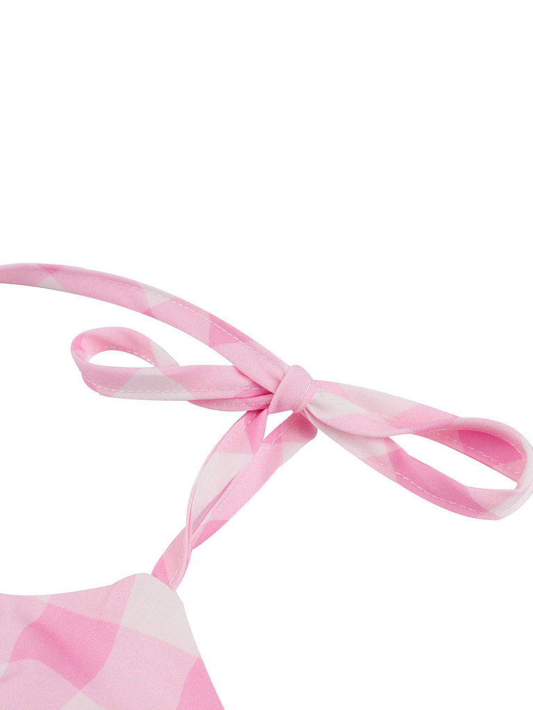 Rosa 1950er Spaghettiträger Plaid Bogen Swing Kleid