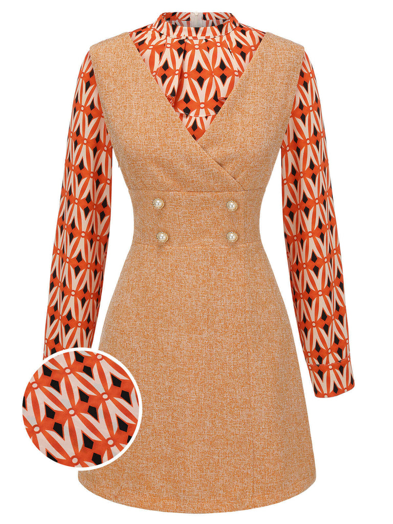 2PCS Orange 1960er Bluse & Tweed Mini Kleid