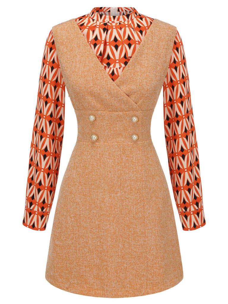 2PCS Orange 1960er Bluse & Tweed Mini Kleid