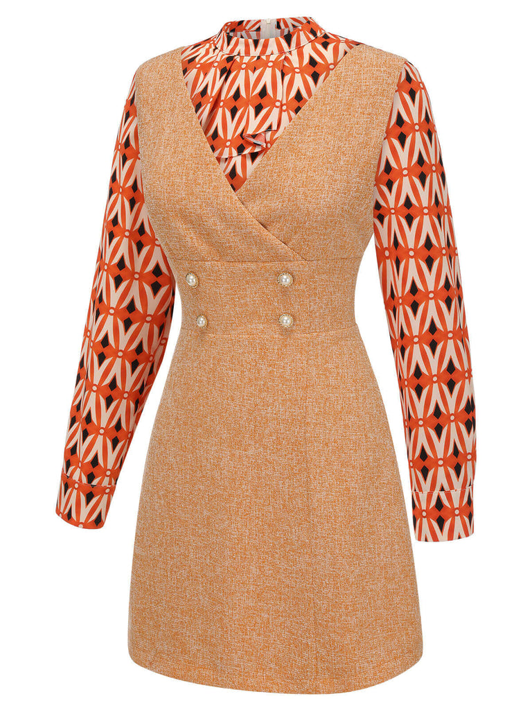 2PCS Orange 1960er Bluse & Tweed Mini Kleid