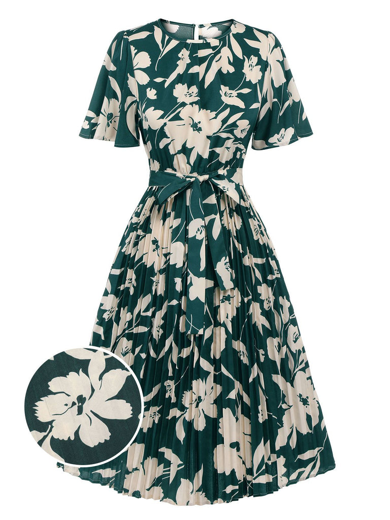 Grünes 1940er Kleid mit plissiertem Gürtel