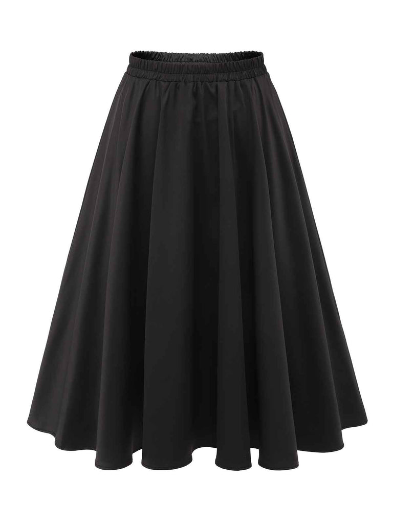Schwarzer 1950er elastischer Taille Faltenrock