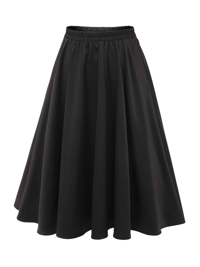Schwarzer 1950er elastischer Taille Faltenrock