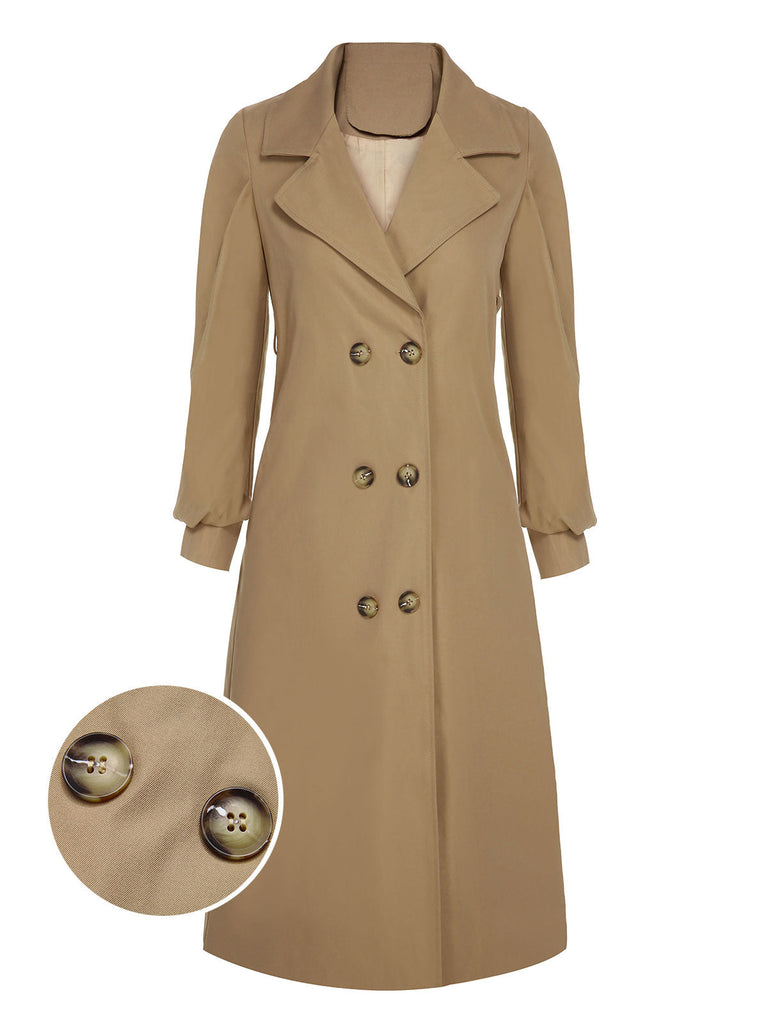 Khakifarbener 1940er Zweireiher Trenchcoat mit Knopfleiste
