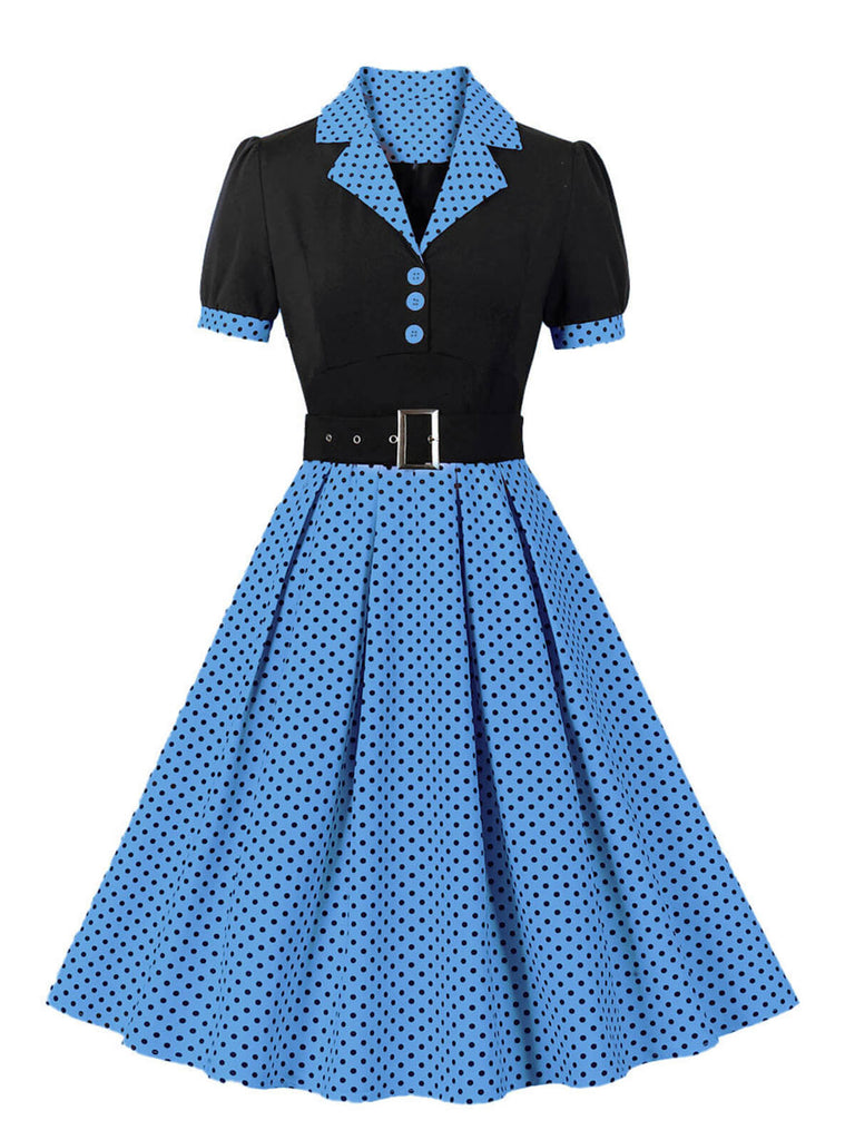 1950er Farbblock Polka Dots Revers Kleid