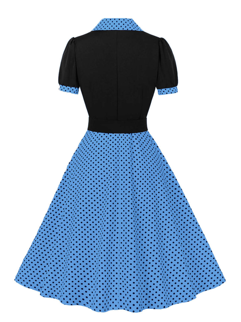1950er Farbblock Polka Dots Revers Kleid
