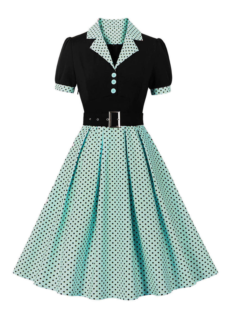 1950er Farbblock Polka Dots Revers Kleid
