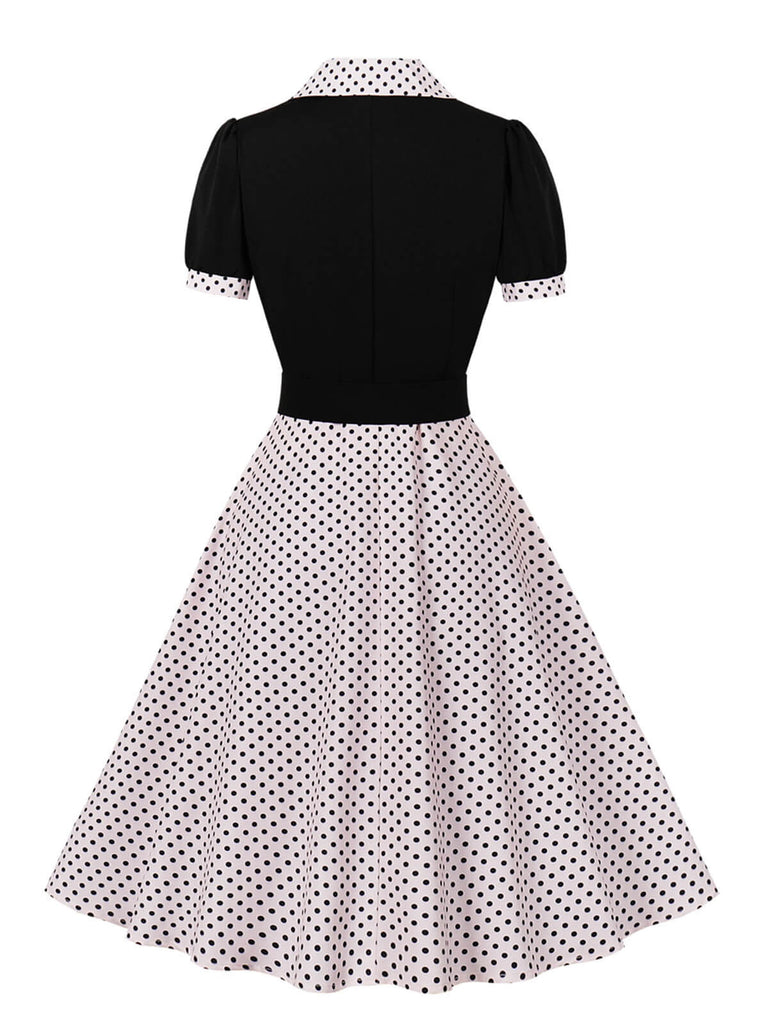 1950er Farbblock Polka Dots Revers Kleid
