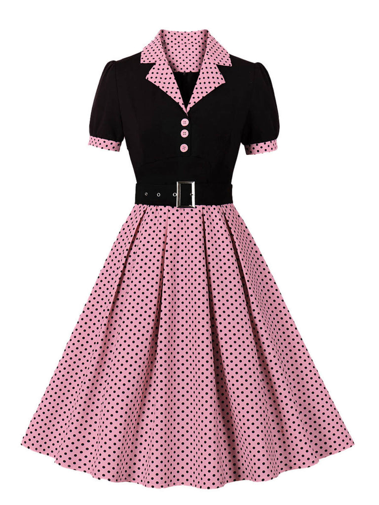 1950er Farbblock Polka Dots Revers Kleid