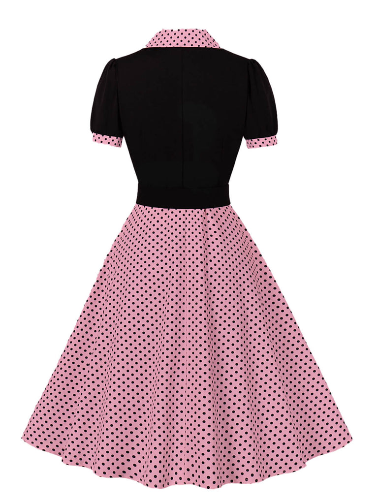 1950er Farbblock Polka Dots Revers Kleid