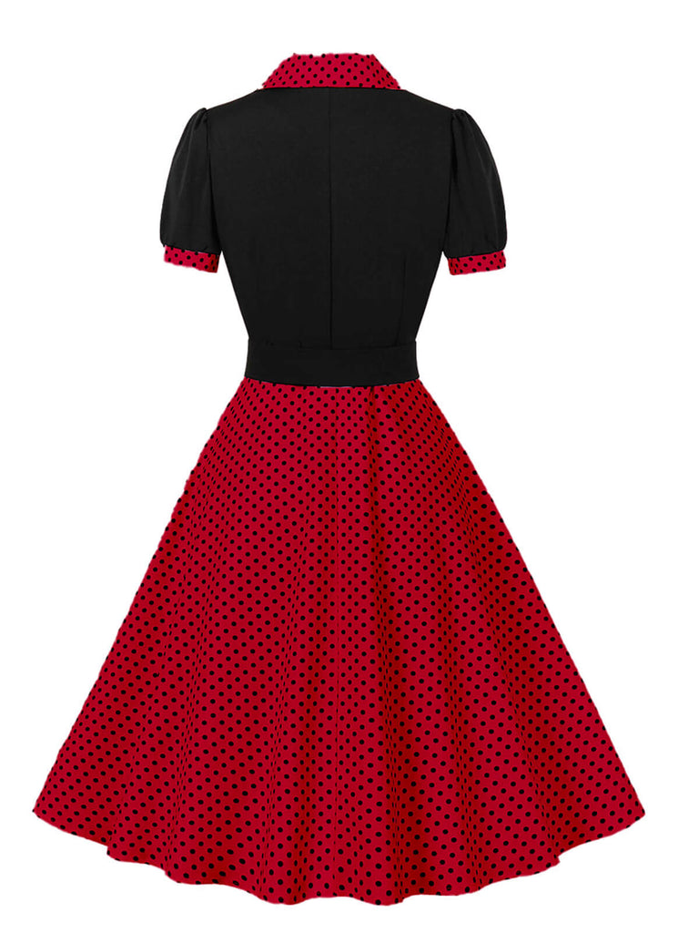 1950er Farbblock Polka Dots Revers Kleid