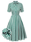 Dunkelgrün 1950er Krawattenausschnitt Gestreiftes Kleid
