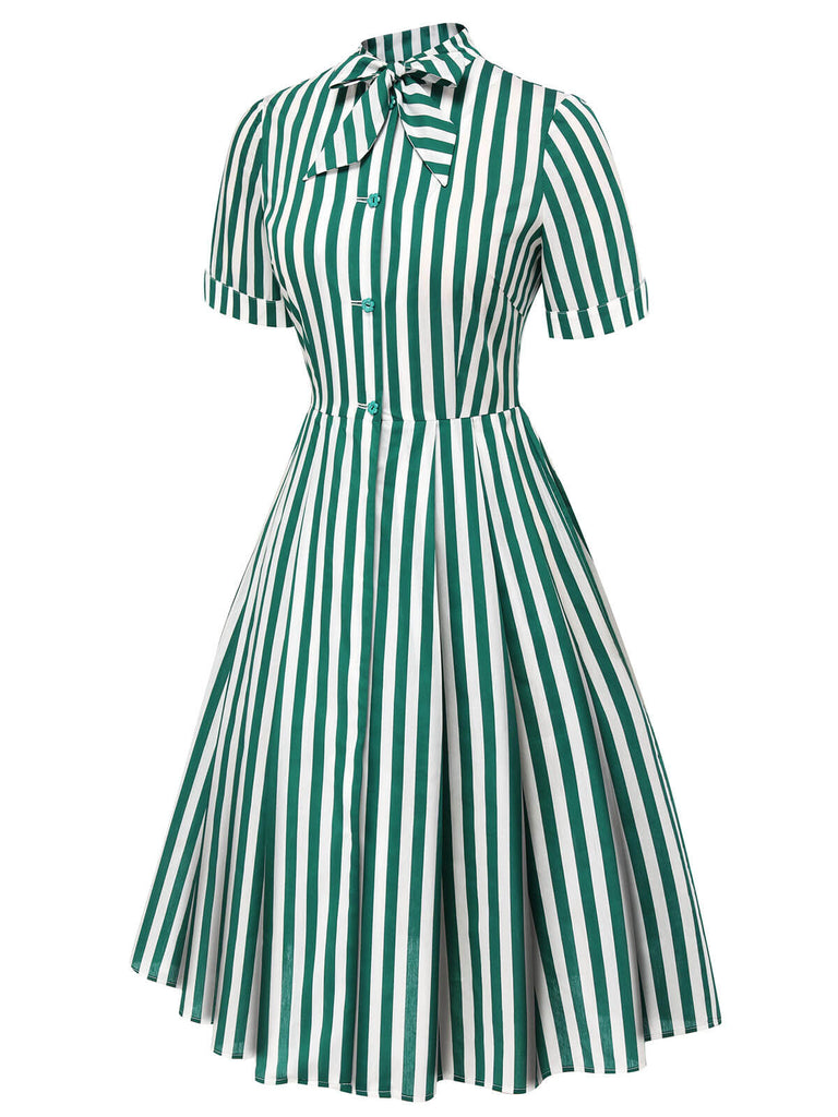 Dunkelgrün 1950er Krawattenausschnitt Gestreiftes Kleid