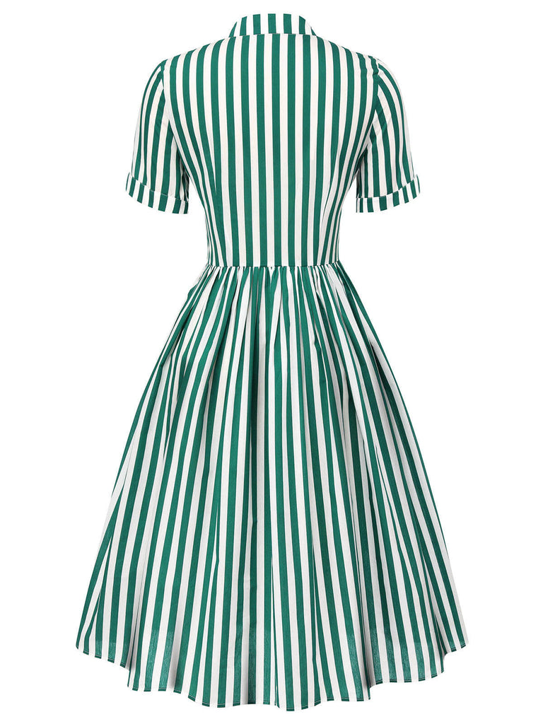 Dunkelgrün 1950er Krawattenausschnitt Gestreiftes Kleid
