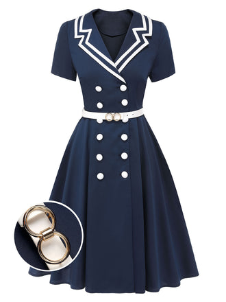 [Vorverkauf] Dunkelblau 1950er Sailot Style Zweireihiges Kleid