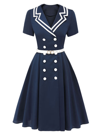 [Vorverkauf] Dunkelblau 1950er Sailot Style Zweireihiges Kleid