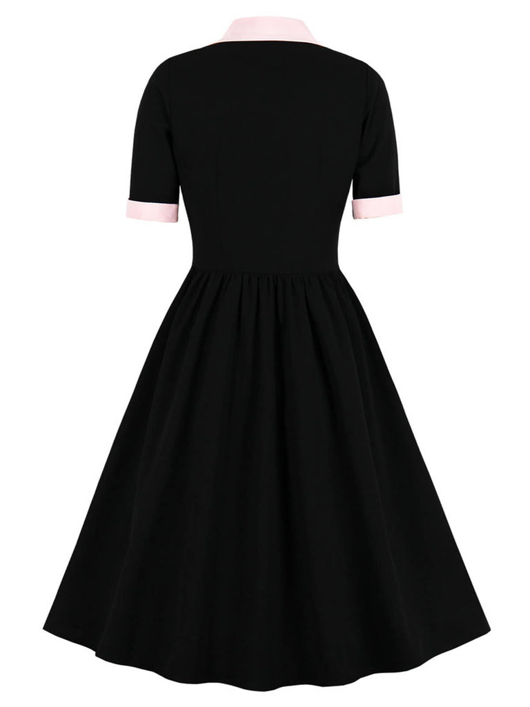 1940er Farbe Kontrast Knopf Revers Schleife Kleid