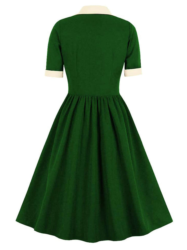 1940er Farbe Kontrast Knopf Revers Schleife Kleid