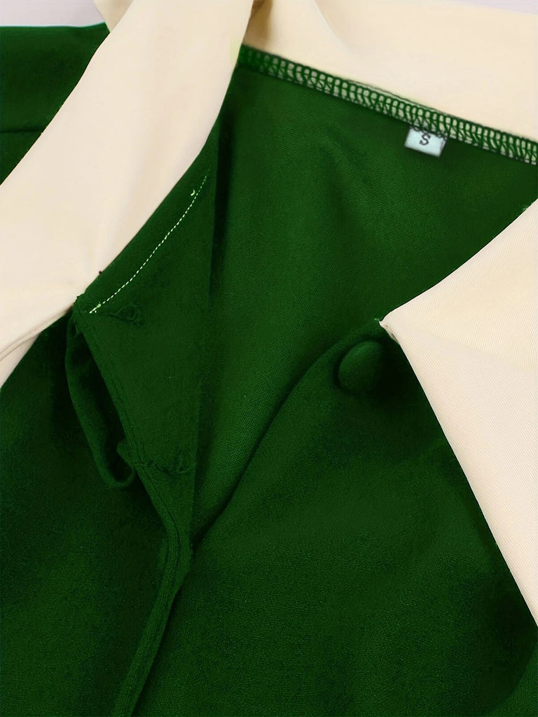 1940er Farbe Kontrast Knopf Revers Schleife Kleid