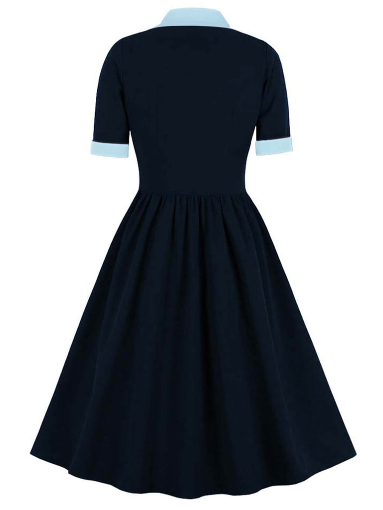 1940er Farbe Kontrast Knopf Revers Schleife Kleid