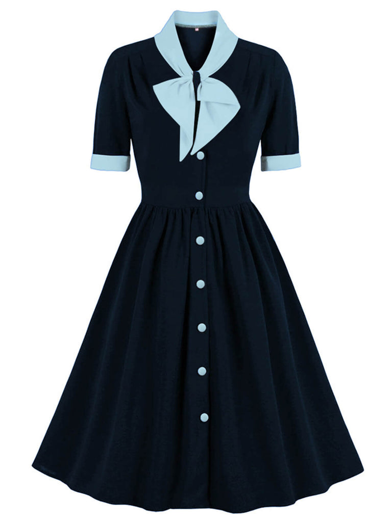 1940er Farbe Kontrast Knopf Revers Schleife Kleid