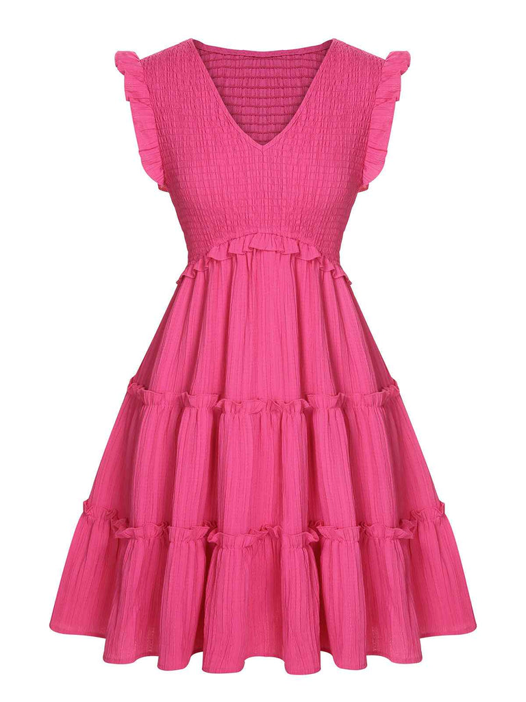 Rosa 1960er V-Ausschnitt Plissee Rüschen Kleid