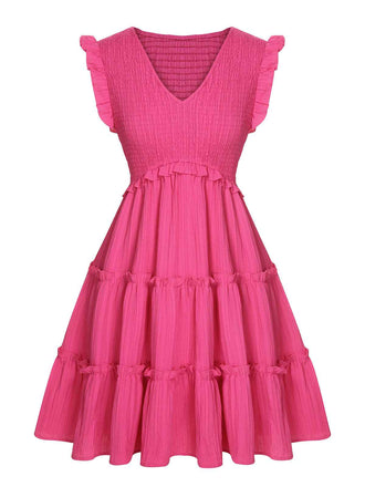 Rosa 1960er V-Ausschnitt Plissee Rüschen Kleid
