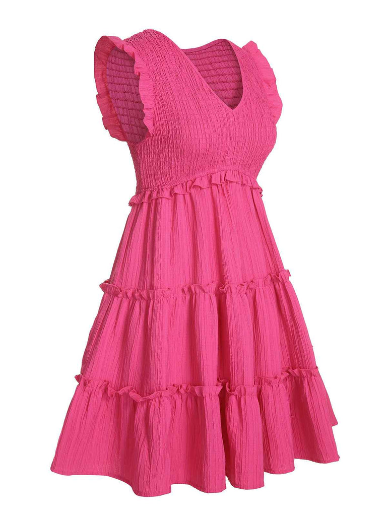 Rosa 1960er V-Ausschnitt Plissee Rüschen Kleid