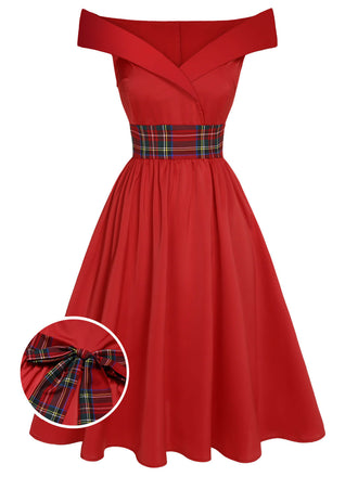 [Vorverkauf] Rotes 1950er Weihnachts-Kariertes schulterfreies Kleid