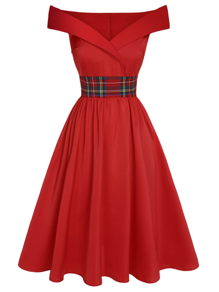 [Vorverkauf] Rotes 1950er Weihnachts-Kariertes schulterfreies Kleid