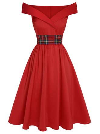 [Vorverkauf] Rotes 1950er Weihnachts-Kariertes schulterfreies Kleid