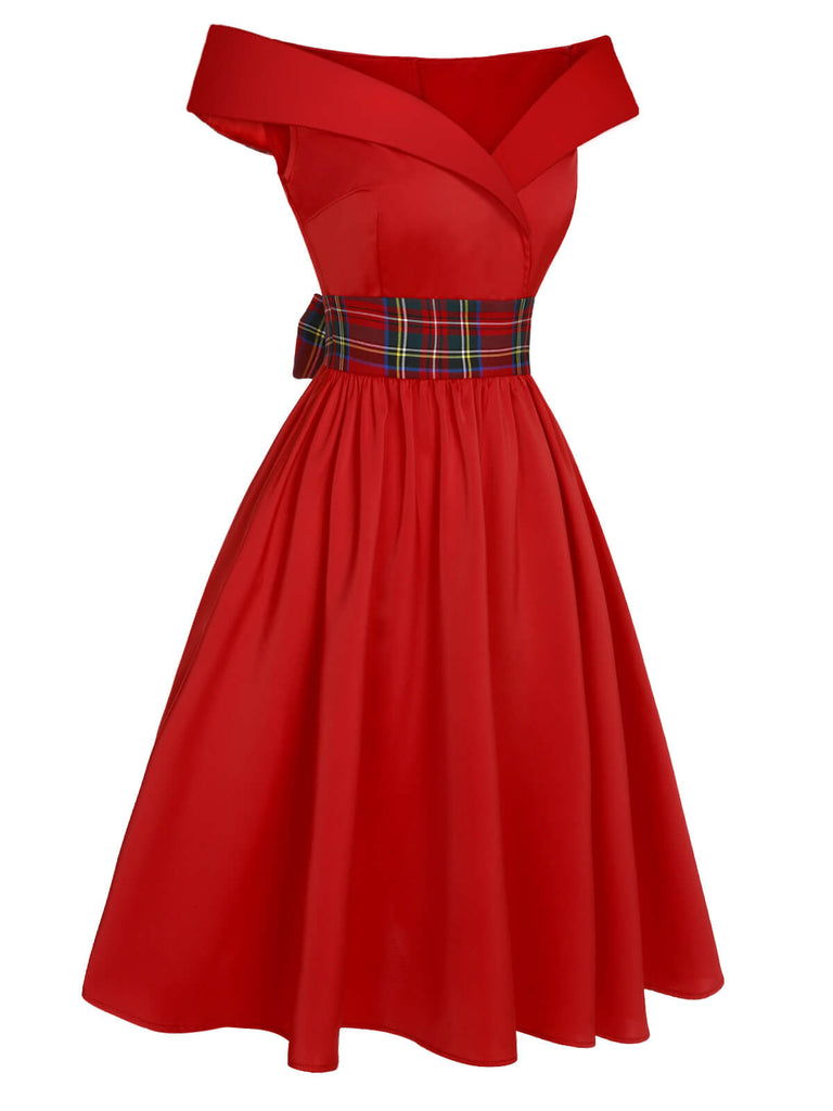 [Vorverkauf] Rotes 1950er Weihnachts-Kariertes schulterfreies Kleid
