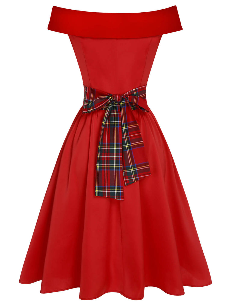 [Vorverkauf] Rotes 1950er Weihnachts-Kariertes schulterfreies Kleid