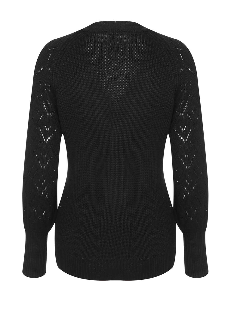 Schwarz 1940er V-Ausschnitt Knöpfen Strickpullover