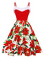 Rotes 1950er Weihnachtsblumenkleid mit Zottelmuster