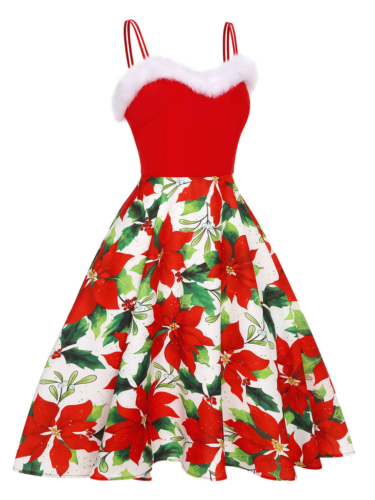 Rotes 1950er Weihnachtsblumenkleid mit Zottelmuster