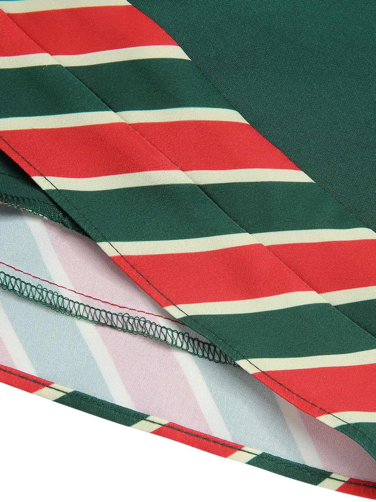 Grünes 1940er Streifen Patchwork Kleid mit Gürtel