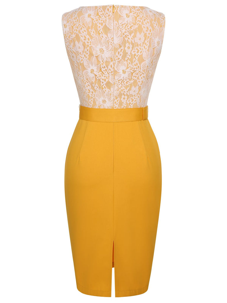 Gelbes 1960er Kleid mit Patchworkgürtel aus Spitze