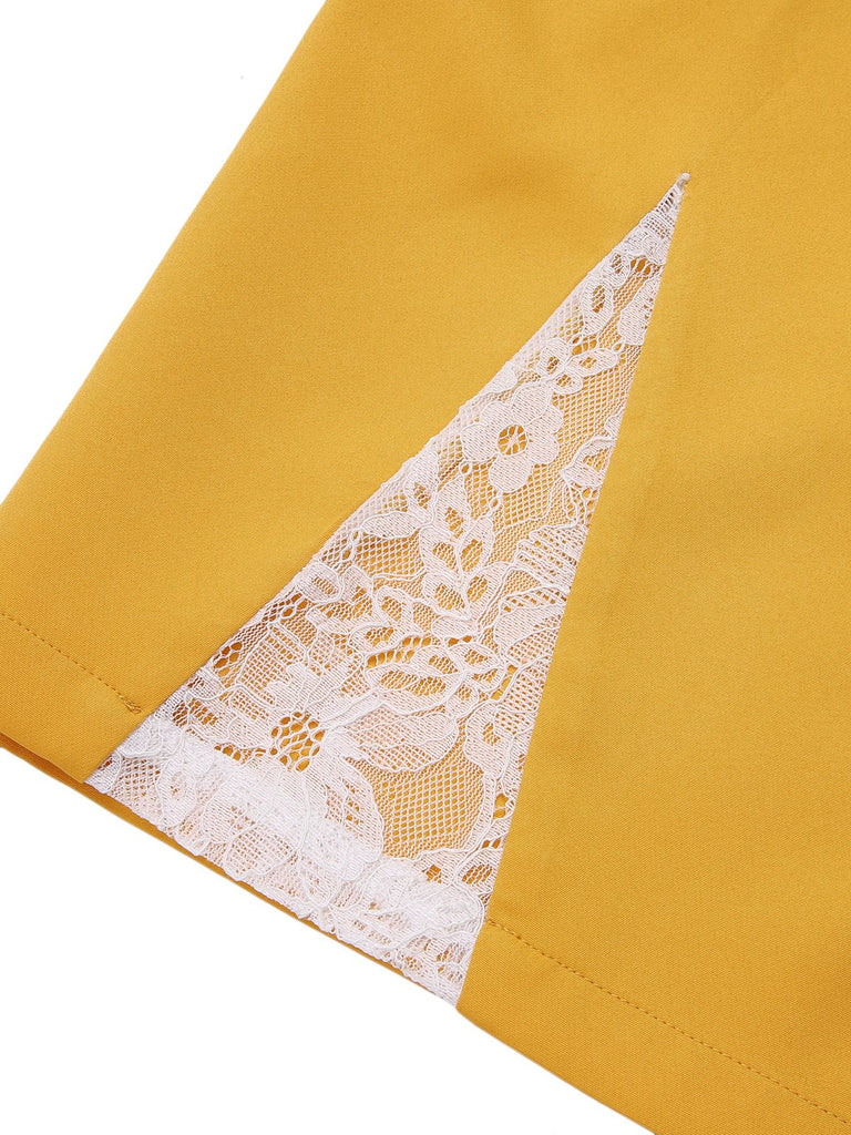Gelbes 1960er Kleid mit Patchworkgürtel aus Spitze