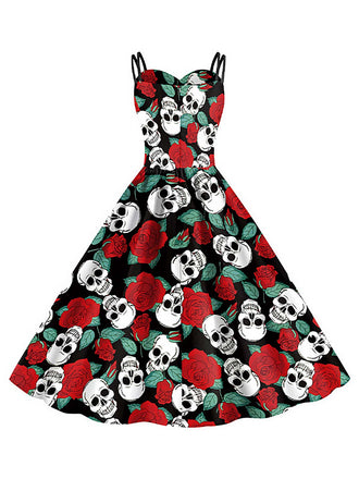 1950er Halloween Schädel Rose Träger Kleid