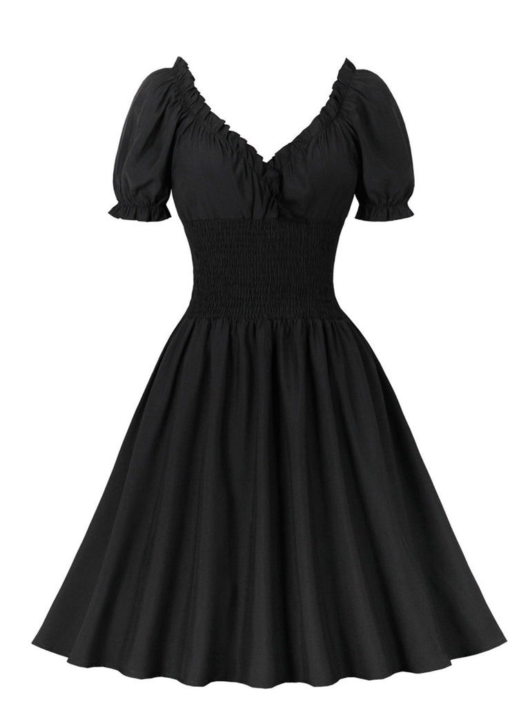 1950er Solid Smocked Taille Off-Shoulder Kleid