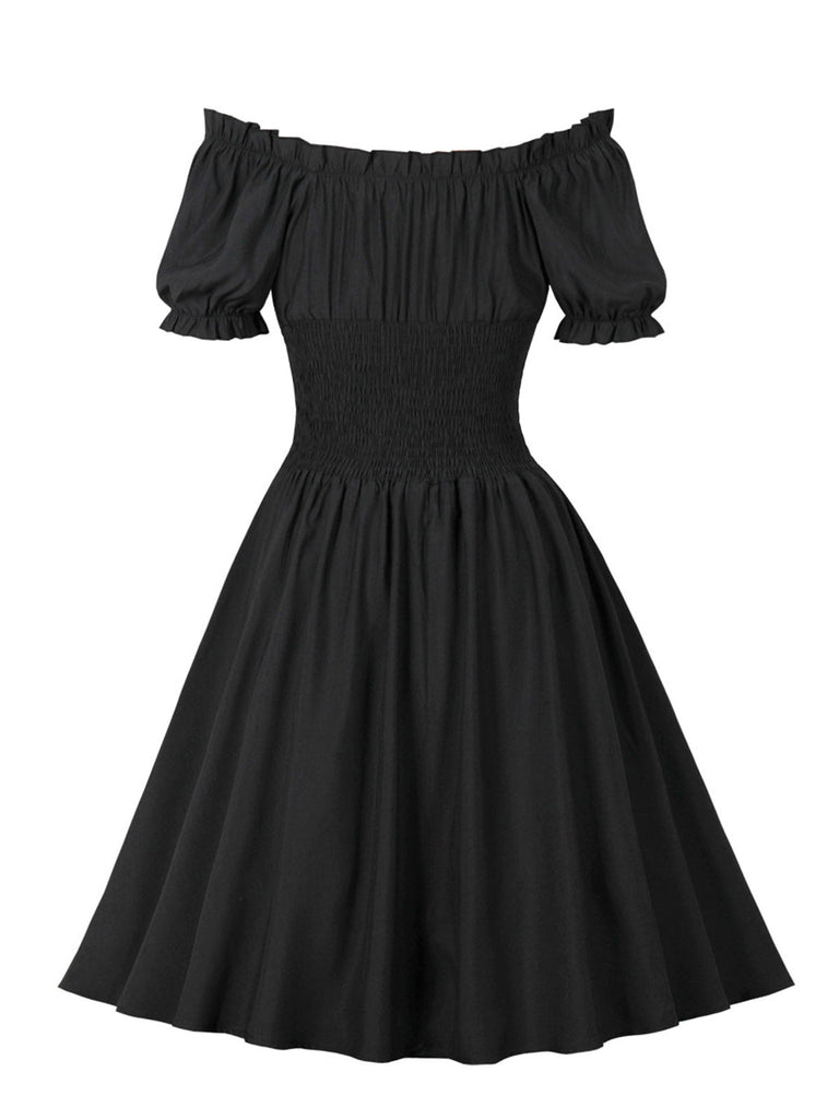 1950er Solid Smocked Taille Off-Shoulder Kleid