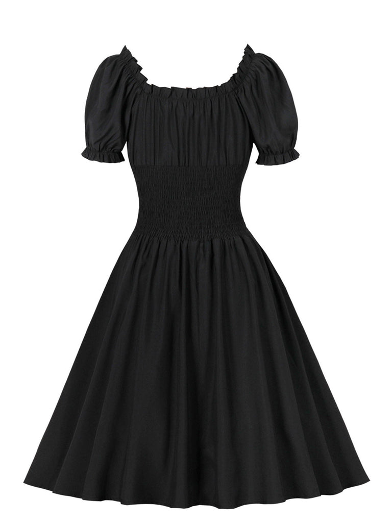 1950er Solid Smocked Taille Off-Shoulder Kleid