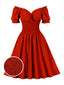 1950er Solid Smocked Taille Off-Shoulder Kleid
