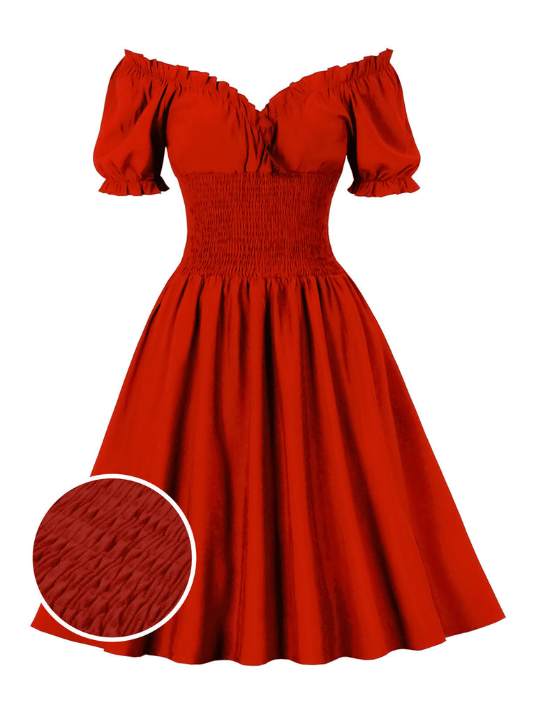 1950er Solid Smocked Taille Off-Shoulder Kleid