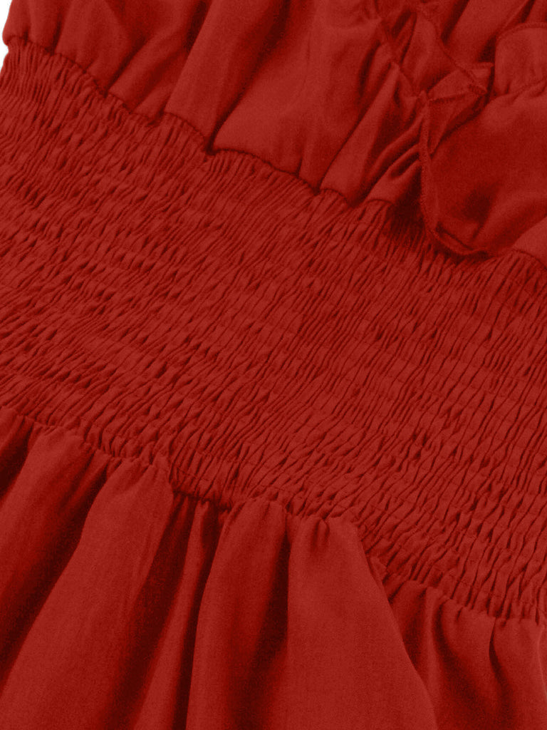 1950er Solid Smocked Taille Off-Shoulder Kleid