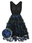Schwarzes 1950er V-Ausschnitt 3D Schmetterling Mesh Kleid
